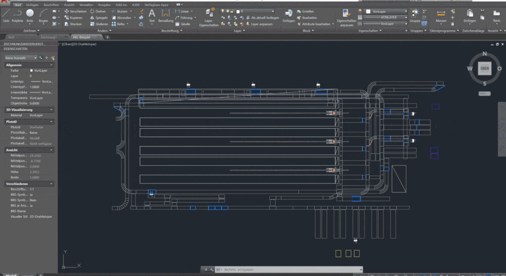 Automatisches Kleinteilelager (AKL) mit Lagervorzone in 3 Phasen: als 2D AutoCAD-Zeichnung, als paramtrisertes 3D-Anlagenmodell in taraVRbuilder, als gerendertes Bild für Präsentation des automatischen Kleinteilelagers
